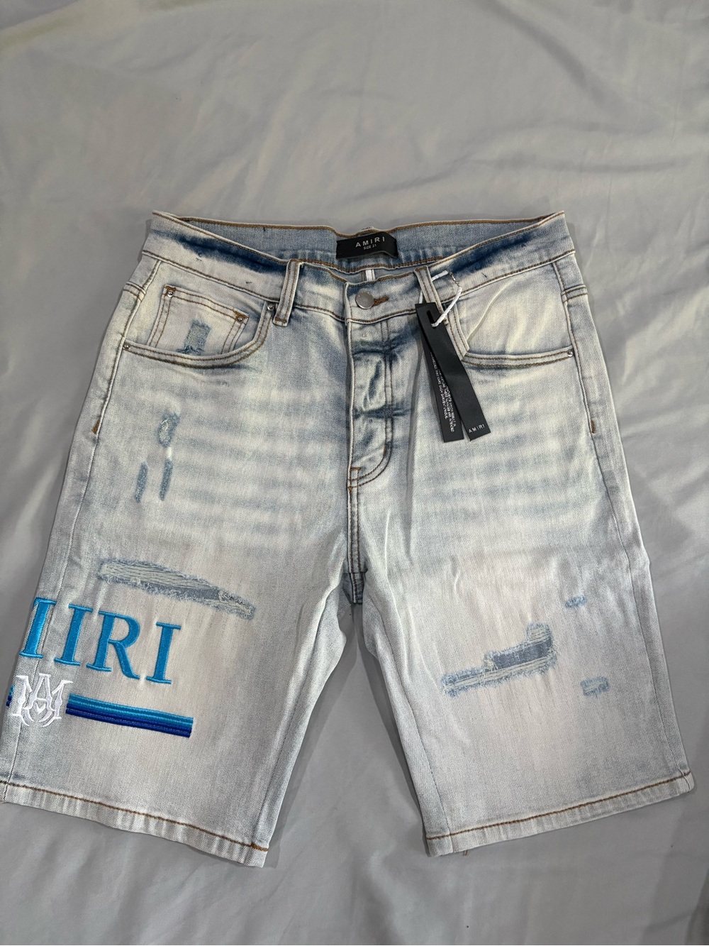 AMIRI Light Blue Washed Embroidered Denim Shorts